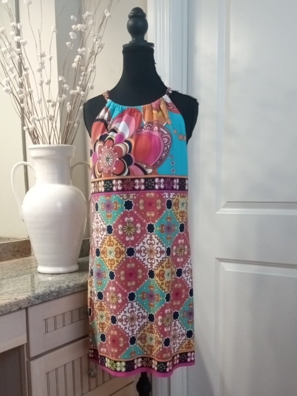 Trina Turk Turquoise Pink Orange Abstract Floral Print Mini Dress Size 4